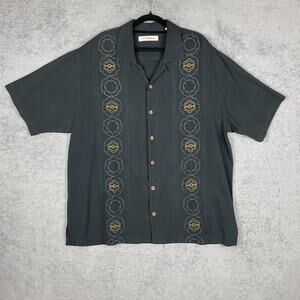 Tommy Bahama Shirt Mens XL Charcoal Gray 100% Silk Camp Short Sleeve Embroidered